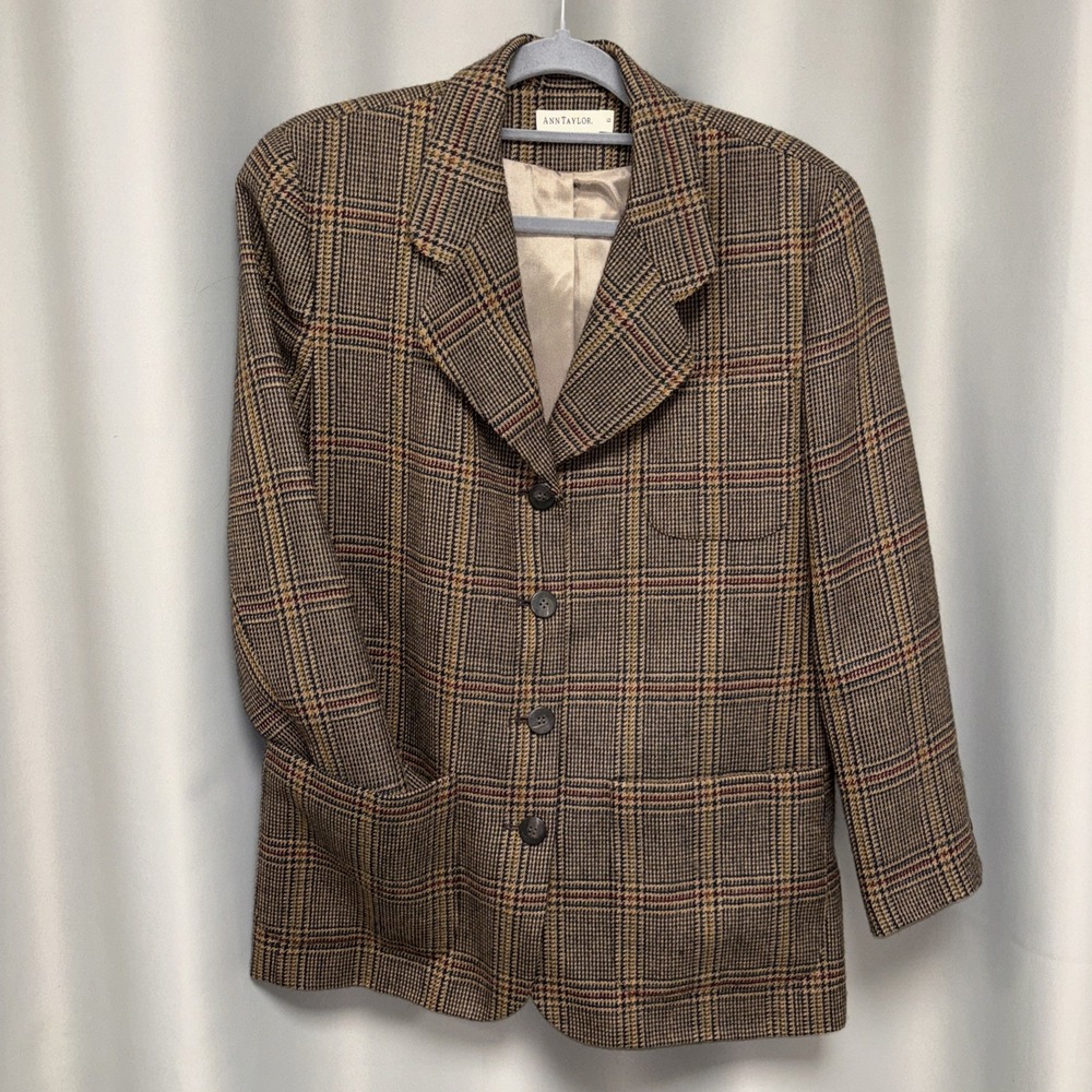 Ann Taylor 100% Wool Houndstooth Blazer Women Size 6 Plaid Jacket luxury minimal